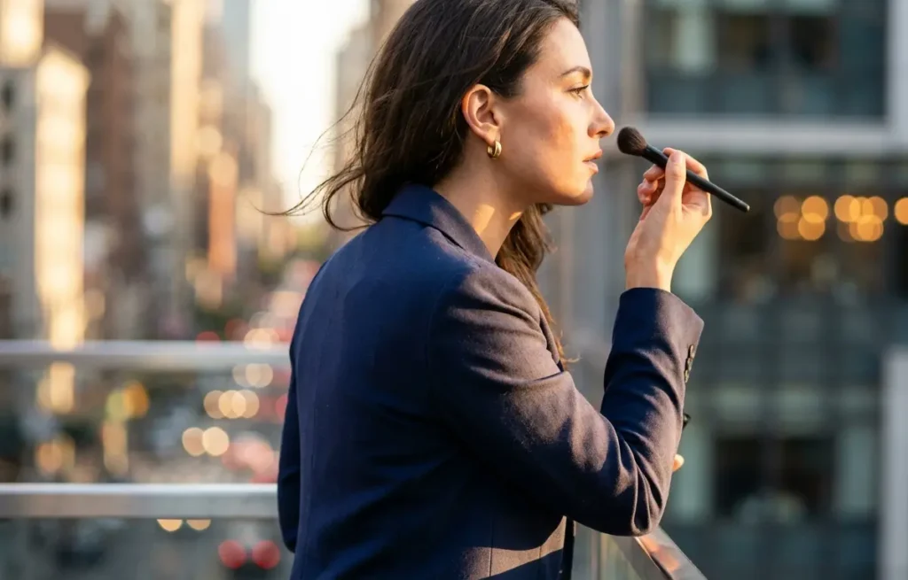 Maquiagem natural para o trabalho: o look que impressiona sem esforço Profissional em varanda urbana ao pôr do sol, maquiagem natural, rosto não visível