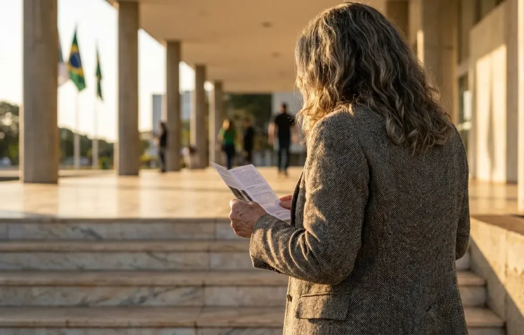 Visitante de costas em frente à fachada do Museu da República em Brasília ao pôr do sol