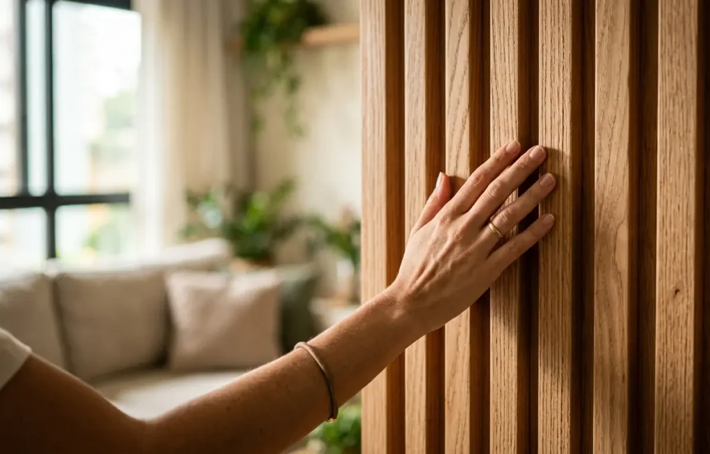 Painel Ripado na Sala: O Acabamento que Está em Toda Casa Bonita mão tocando painel ripado na sala