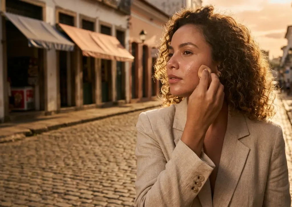 Pele Base Zero: A Técnica que Deixa a Maquiagem Natural Mulher do busto para cima aplicando base com esponja em rua ensolarada ao entardecer, rosto não visível