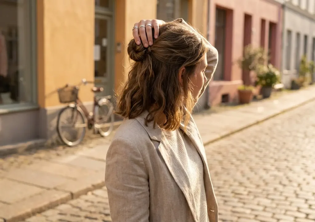 Mulher de três-quartos com penteado semi preso em luz dourada