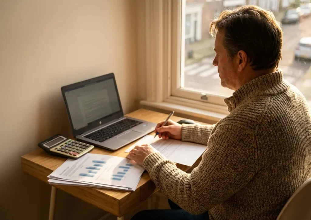 Pessoa de costas em home office analisando documentos de previdência privada, caneta sobre contrato, laptop e calculadora