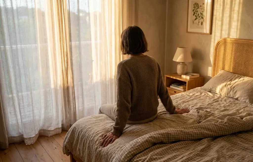 Quarto Bege e Branco: Como Montar um Ambiente Elegante e Aconchegante Pessoa sentada na beira da cama em quarto bege e branco, vista pelos ombros, luz suave da janela