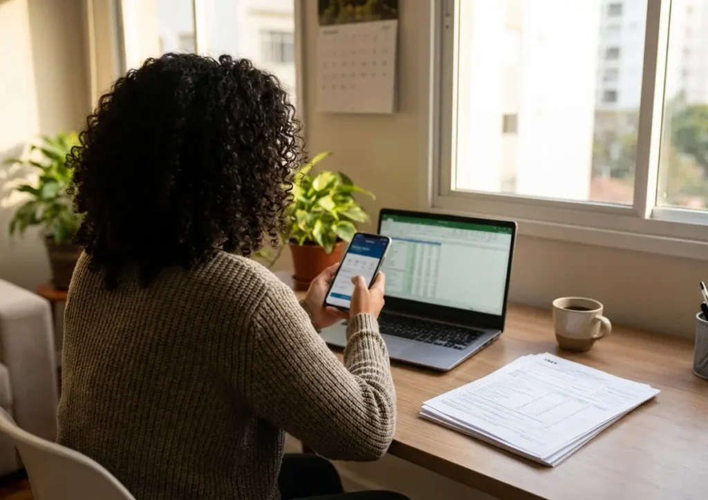 Pessoa de costas em mesa de trabalho consultando smartphone e laptop entre documentos de imposto