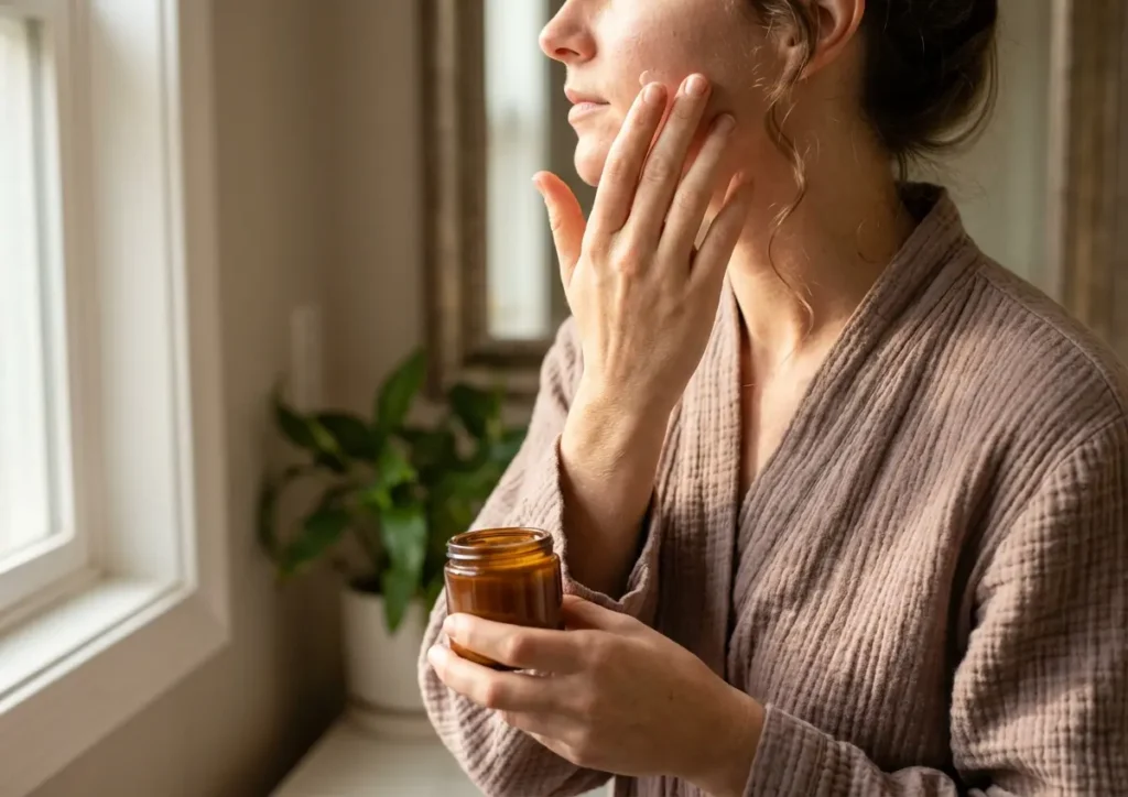 Retinol no Rosto: Como Usar Sem Irritar e Ter Resultado Real Pessoa aplicando retinol no rosto, plano médio, rosto parcialmente fora de quadro
