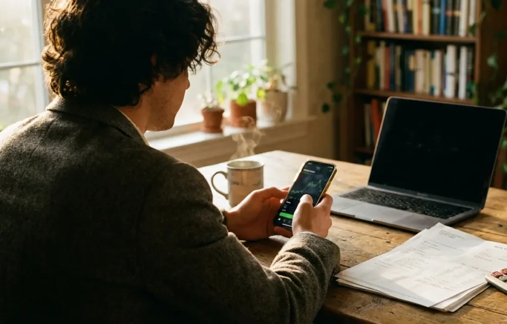 Pessoa de costas no escritório doméstico consultando celular e documentos financeiros