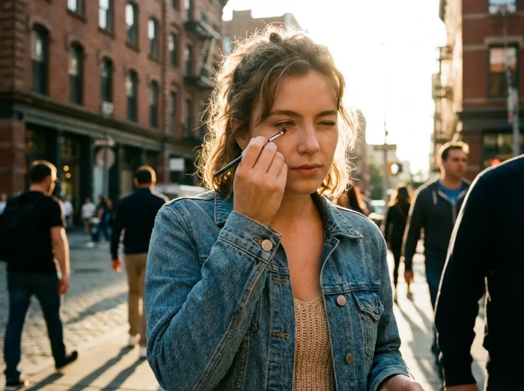Squinting na maquiagem: a técnica que está viralizando nas redes Mulher de perfil aplicando maquiagem com olhos semicerrados na rua ao pôr do sol