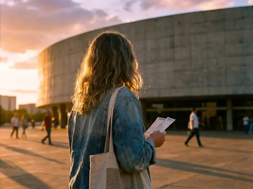Pessoa de costas segurando ingressos em frente ao Teatro Nacional Brasília ao pôr do sol
