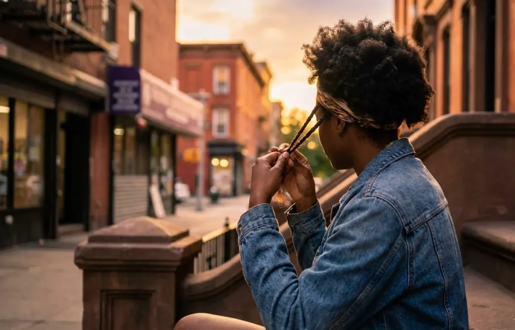 Tranças Afro em Casa: Como Fazer as Mais Fáceis para Iniciantes Mulher de costas começando tranças afro numa escada urbana ao pôr do sol, parte superior do corpo visível
