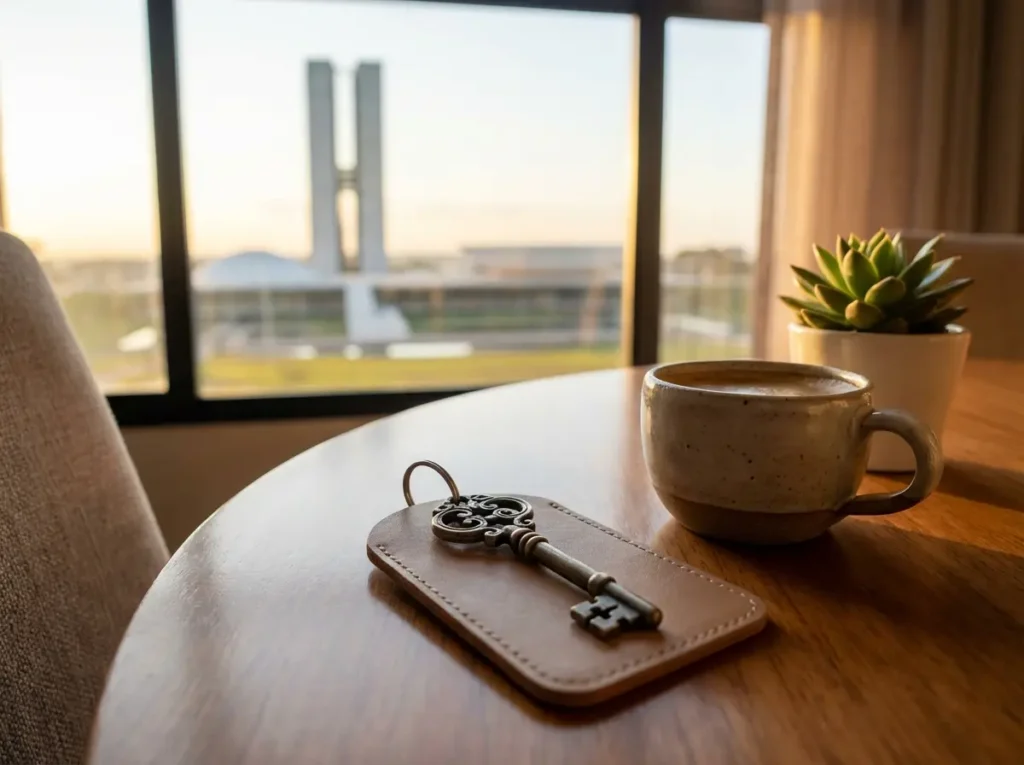 Close-up de kit de boas-vindas em apartamento de Brasília com chave sobre mesa e vista do Congresso ao fundo.