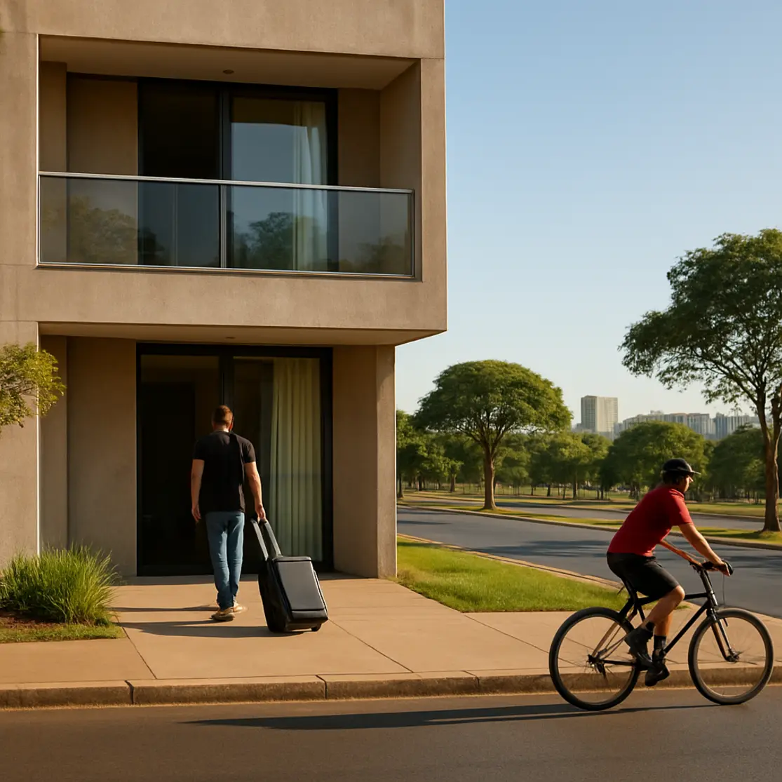 Fachada residencial em Brasília com hóspede de costas com mala e ciclista passando, vista urbana do Plano Piloto.