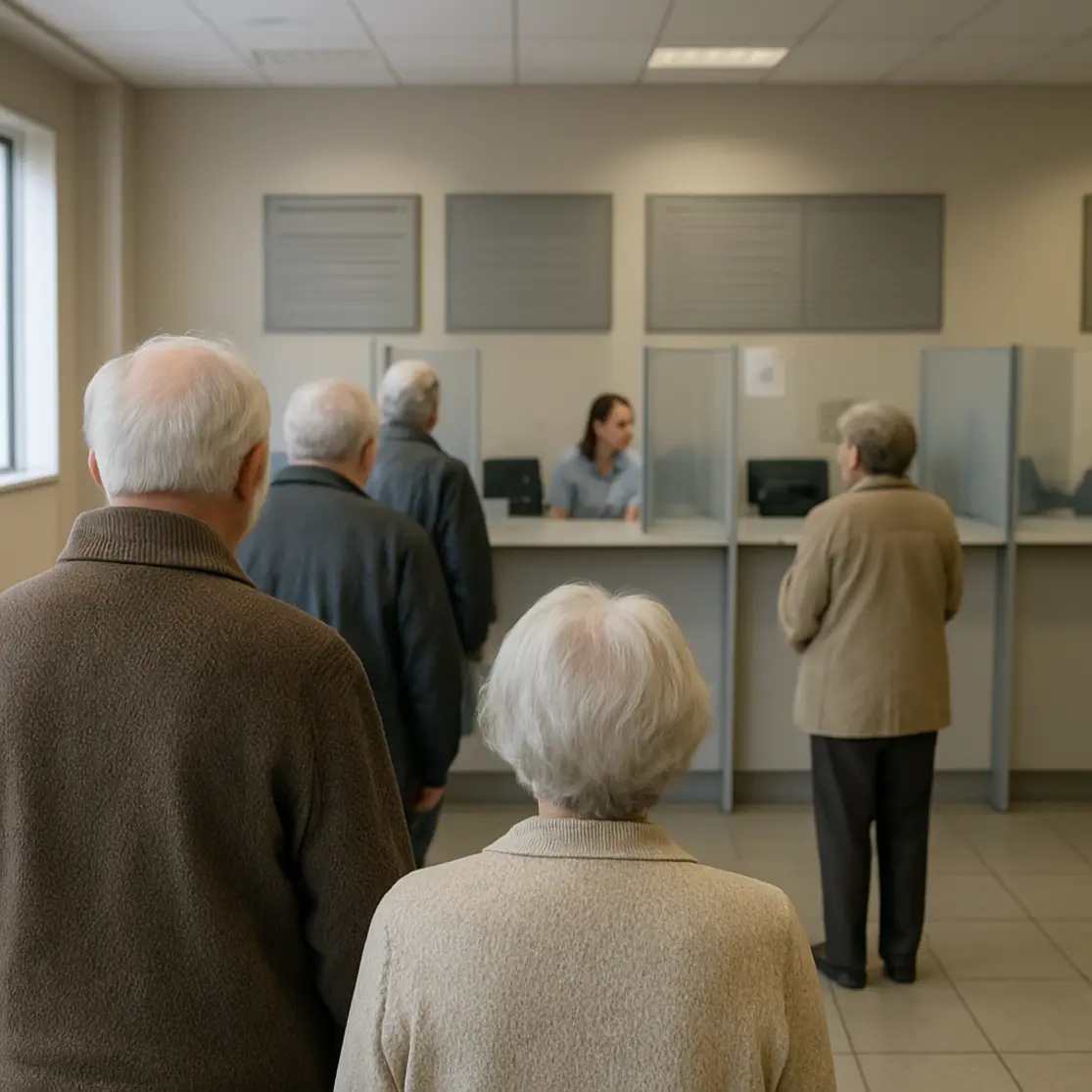 Posto de atendimento previdenciário com fila de pessoas idosas vistas de costas e balcão desfocado