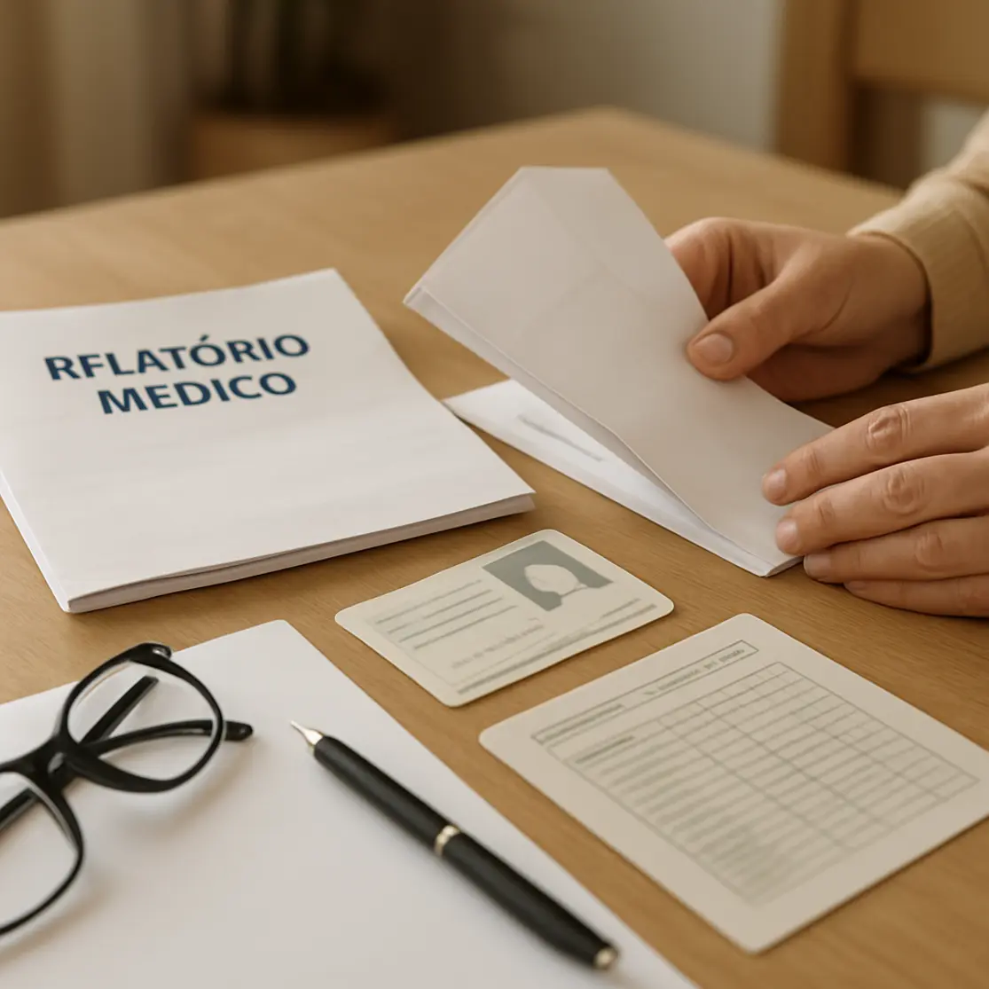 Mesa com documentos organizados e mãos folheando páginas para solicitar auxílio-doença