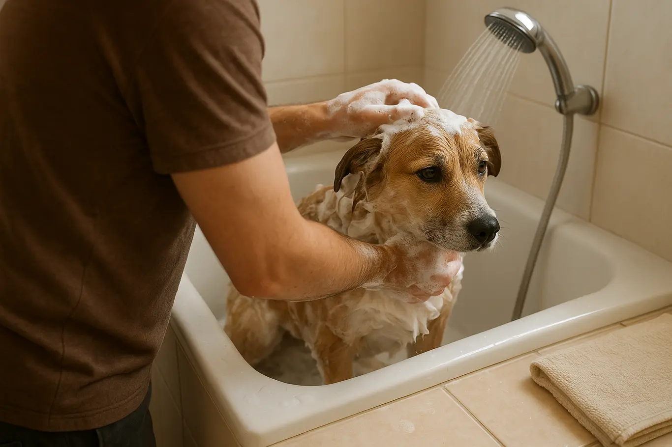 Cena lateral de banho em banheira pequena com dono em 3/4 aplicando shampoo no cachorro, muita espuma