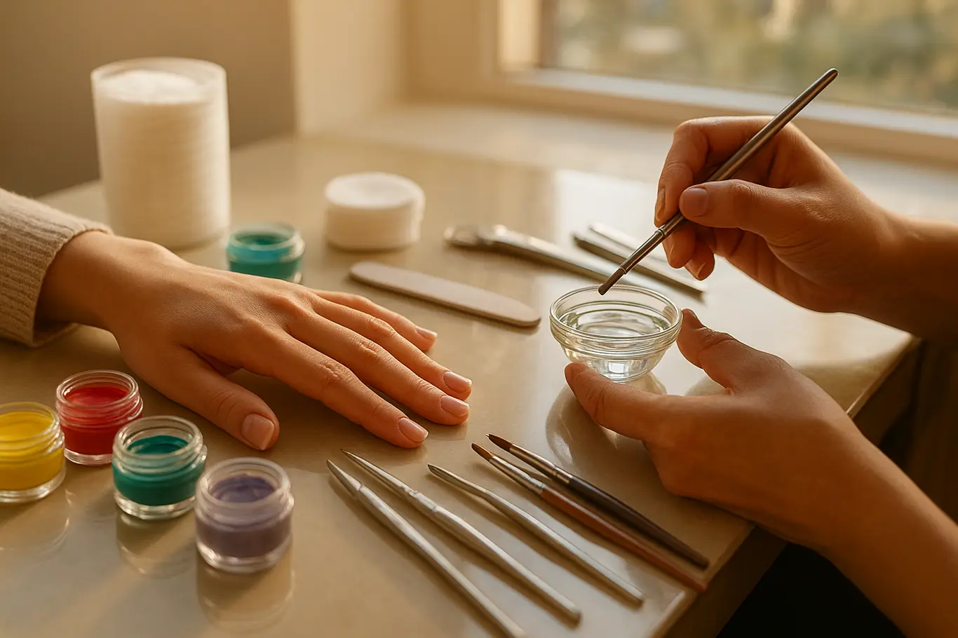 Bancada de manicure com tigela de gel, pincéis e mão apoiada durante o banho de gel