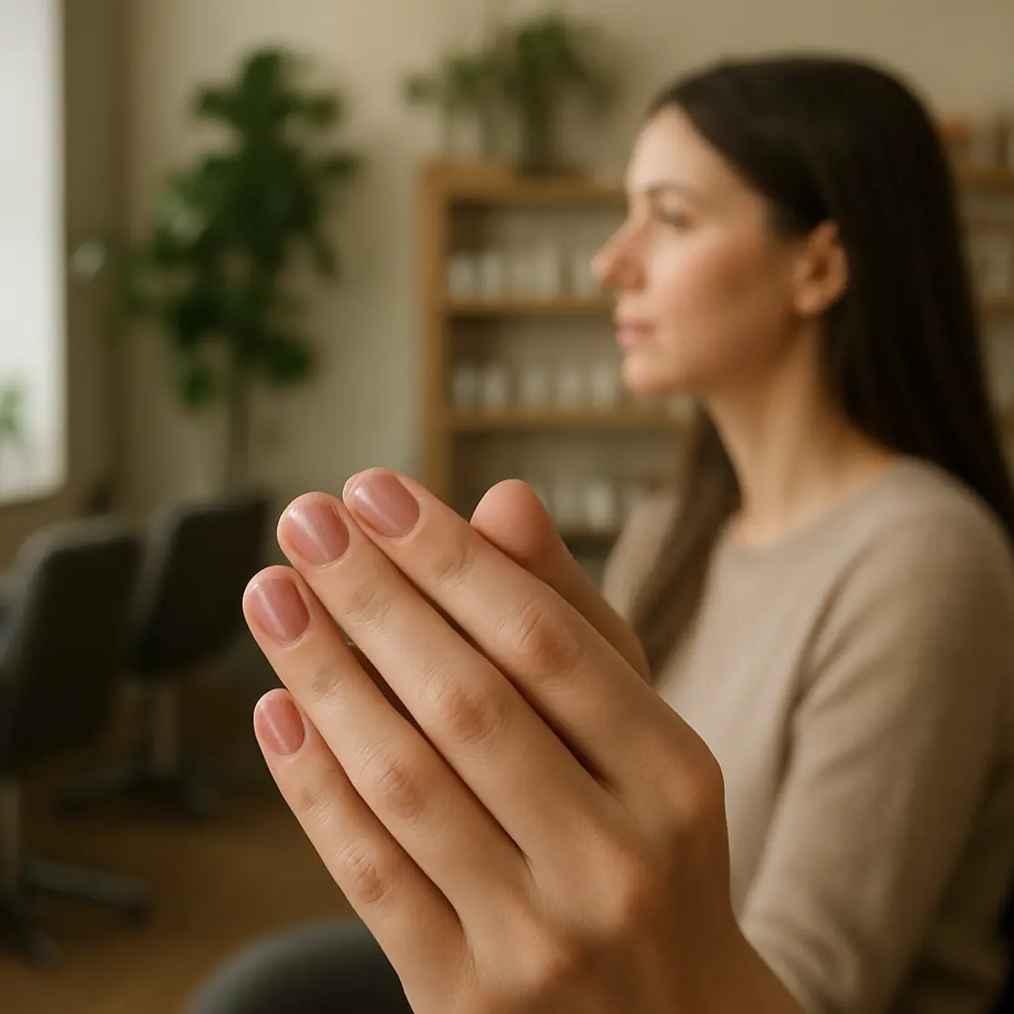 Resultado final do banho de gel com unhas brilhantes, ambiente de salão ao fundo