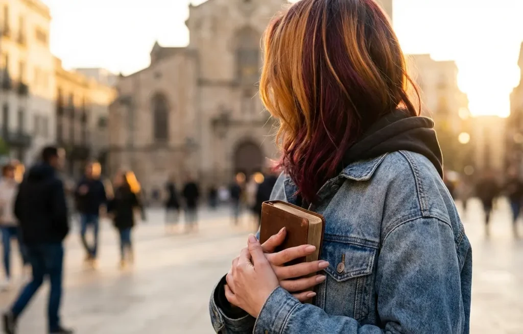 O que diz a Bíblia sobre pintar o cabelo? Pessoa de costas segurando uma Bíblia com cabelo tingido ao pôr do sol