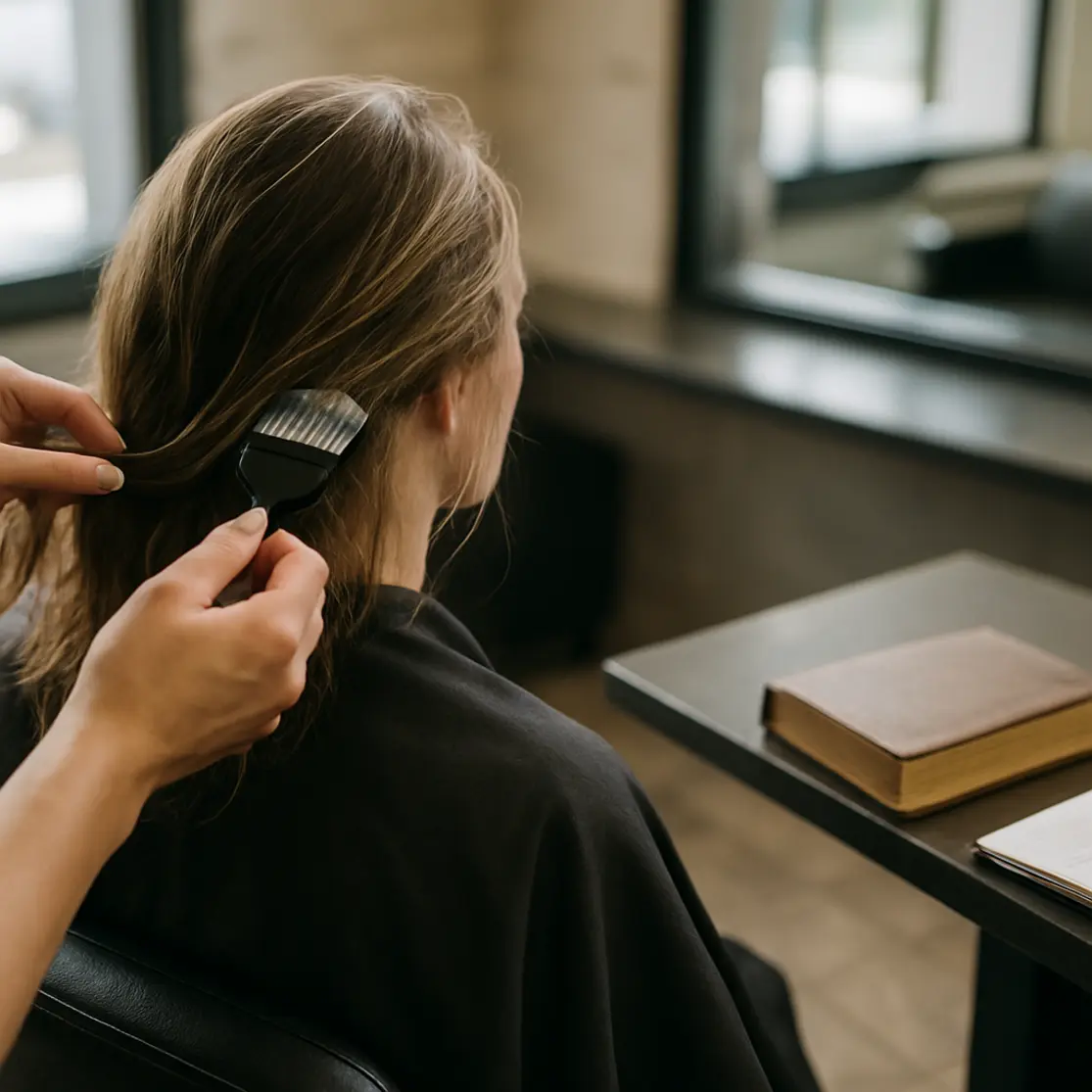 Salão de beleza com mão de profissional aplicando tinta e uma Bíblia apoiada no balcão