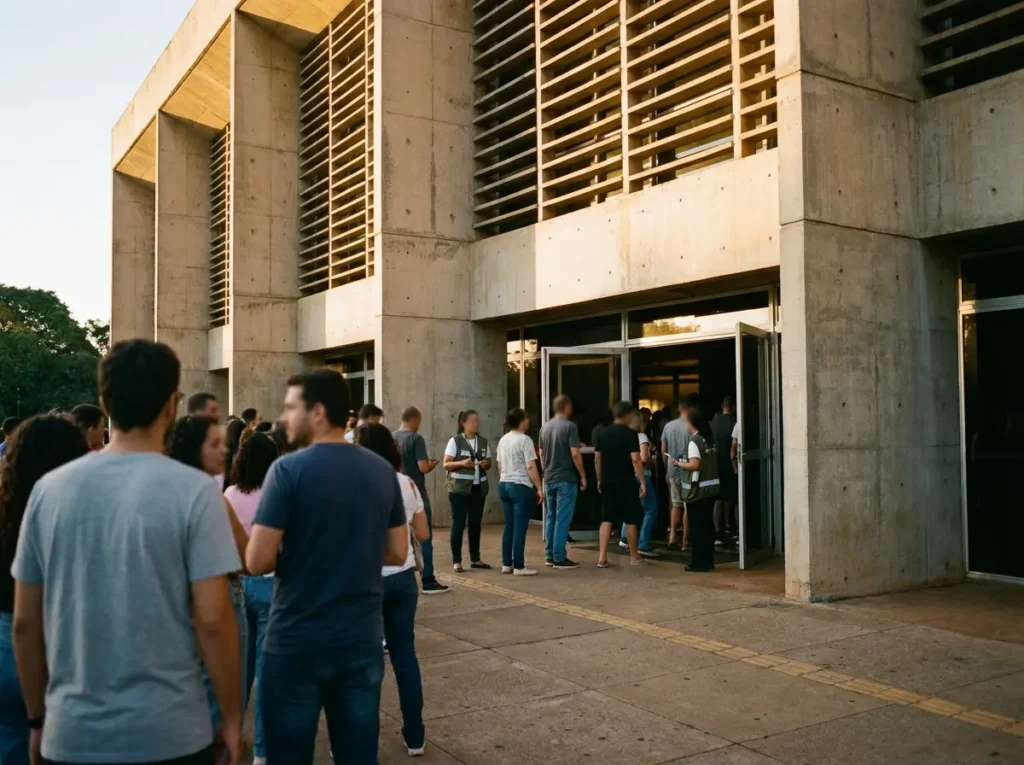 Fachada do Cine Brasília com público entrando ao entardecer