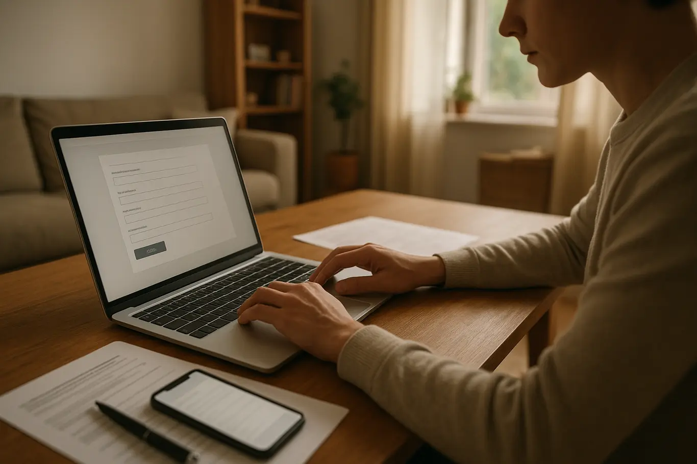 Mesa com laptop, smartphone e documentos, pessoa em perfil revisando formulário no computador