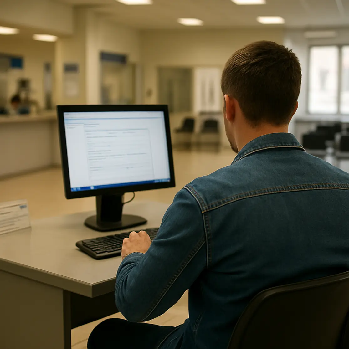 Pessoa de costas usando terminal público de computador em posto de atendimento para registrar boletim online