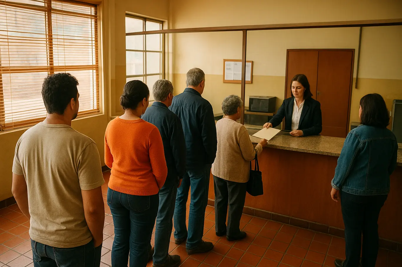 Fila de beneficiários em agência pública, vista ampla, pessoas de costas, atendente ao balcão