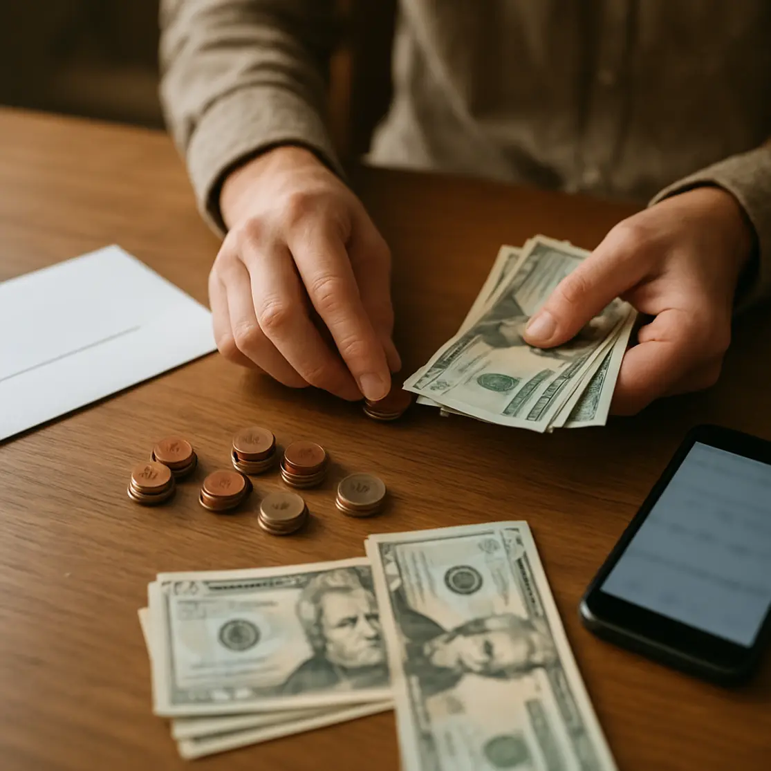 Mãos contando dinheiro sobre mesa com envelope bancário e smartphone desfocado, cena doméstica