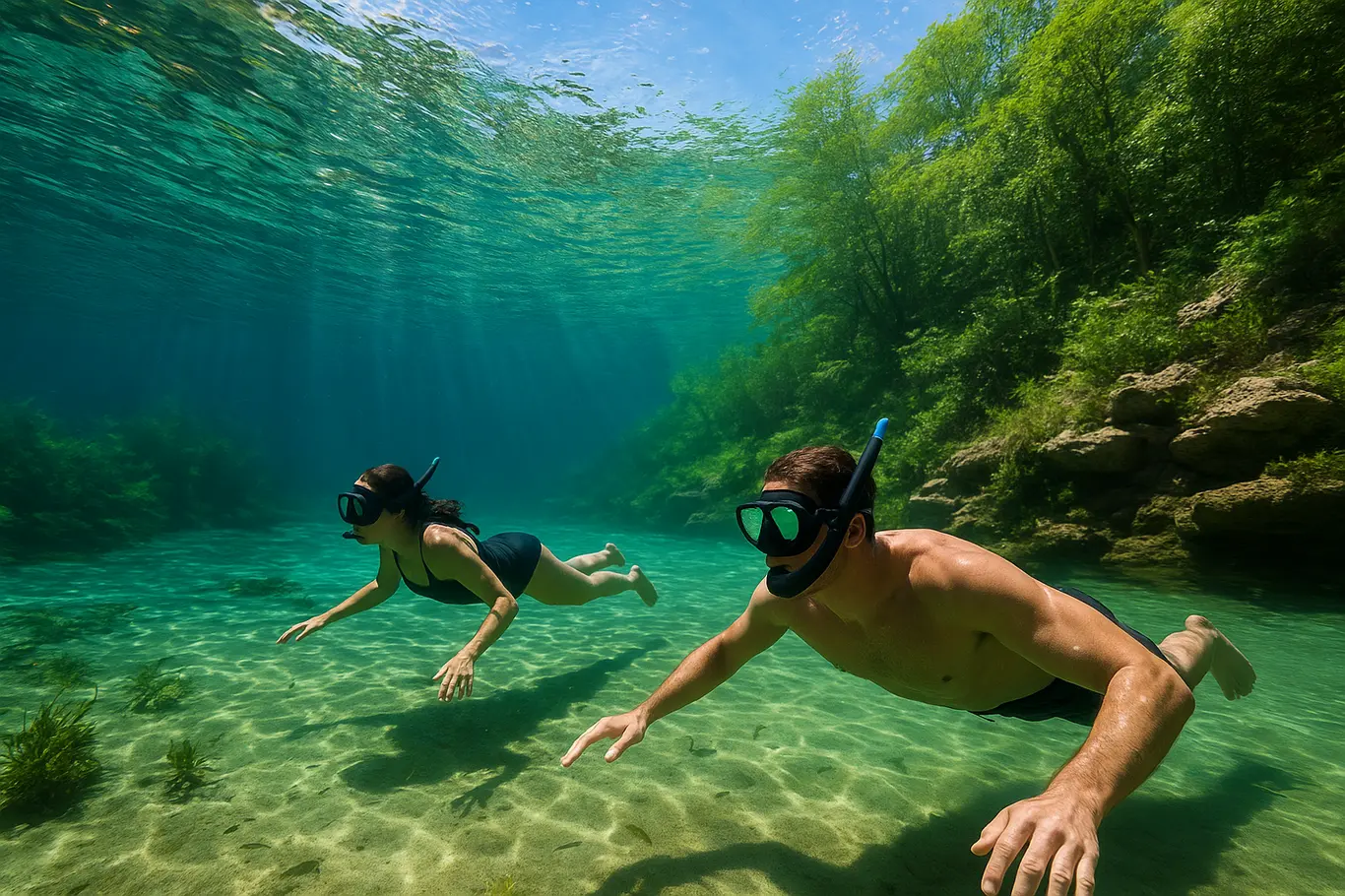 Pessoas em flutuação com máscara em águas cristalinas de Bonito MS