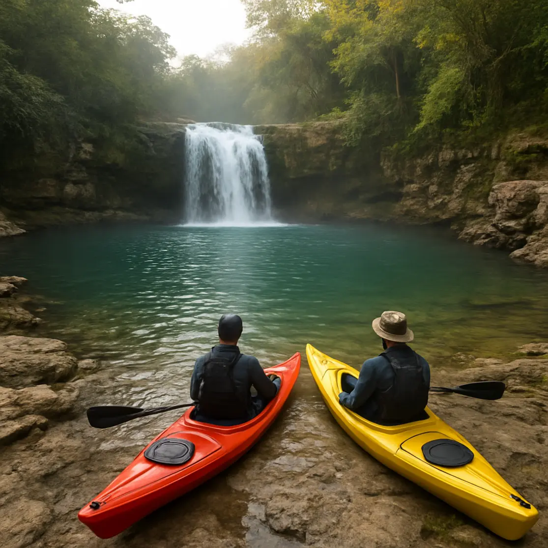 Cachoeira e caiaques em poço de água azul em Bonito MS pela manhã