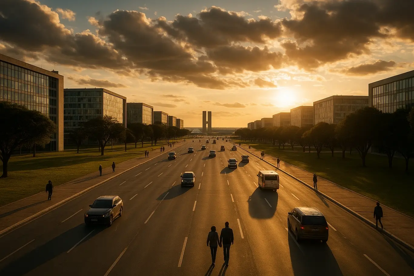 Esplanada dos Ministérios em perspectiva, ministérios alinhados ao pôr do sol