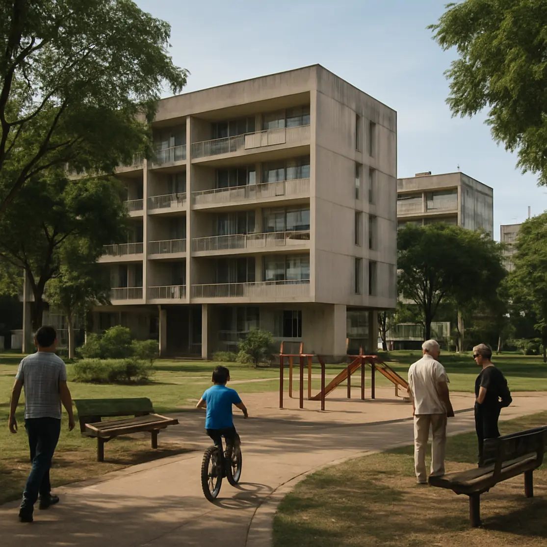 Superquadra residencial de Brasília pela manhã, com moradores em atividades cotidianas