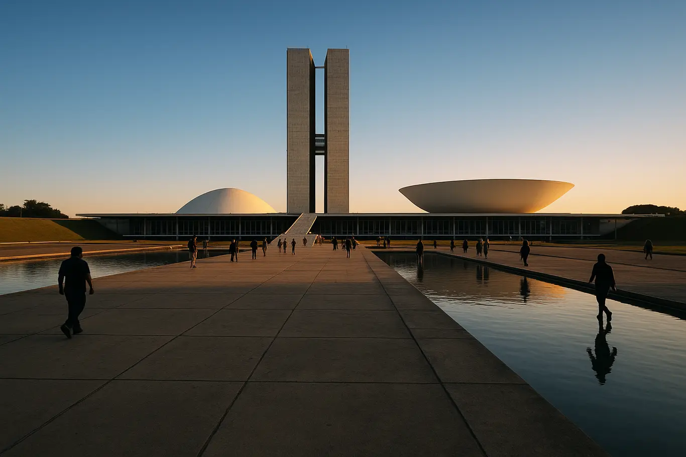 Eixo Monumental com o Congresso Nacional visto em perspectiva baixa ao entardecer