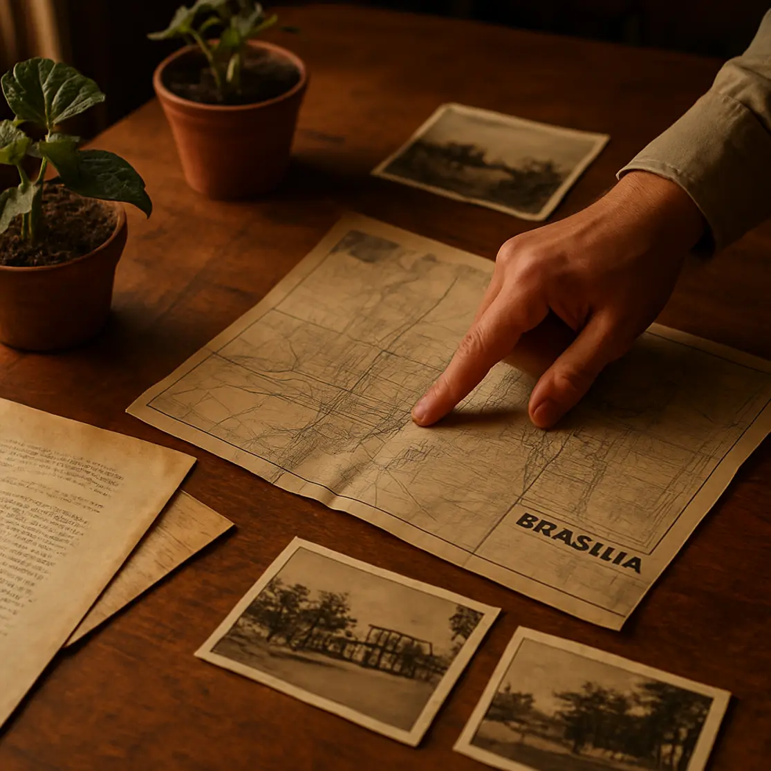 Mesa com plantas originais, fotografias antigas e uma mão apontando um mapa de Brasília