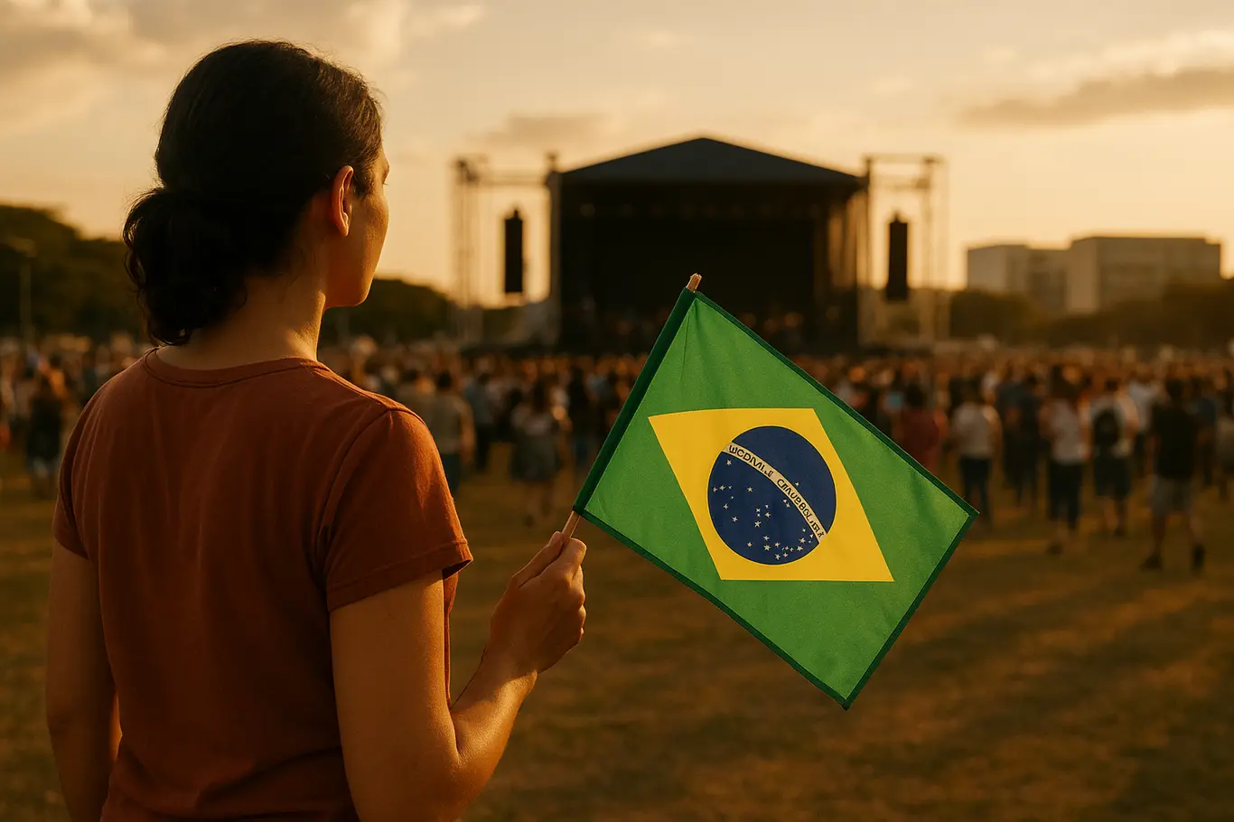 Pessoa de costas na Esplanada dos Ministérios durante evento do aniversário de Brasília, fim de tarde