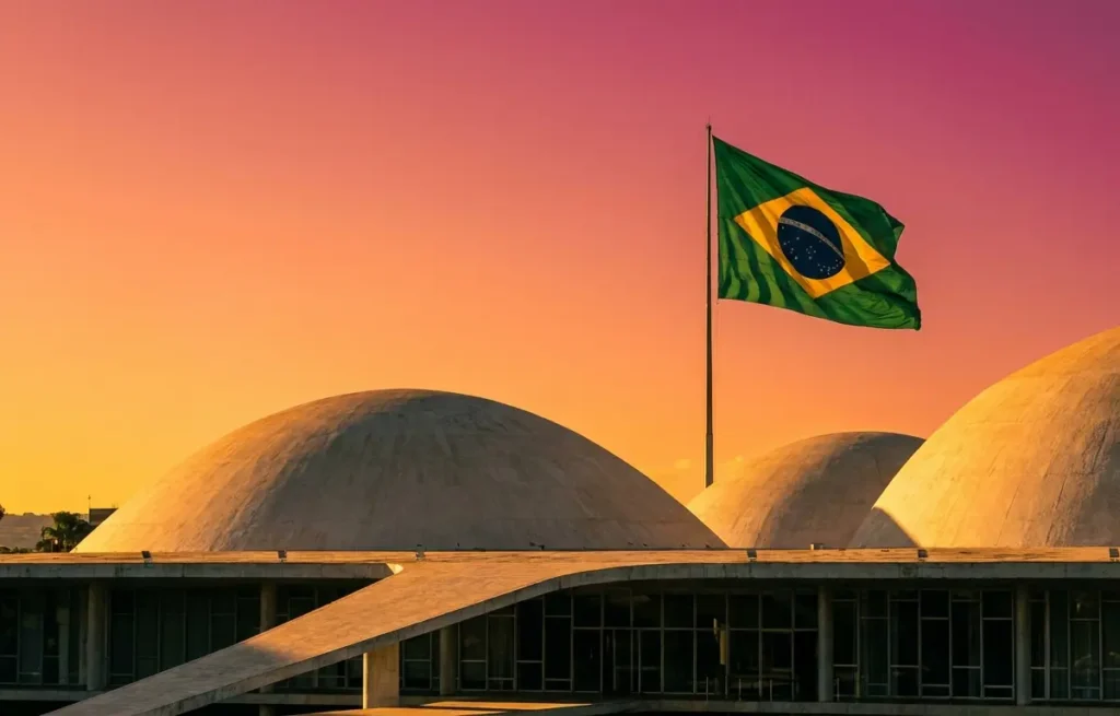 Fachada do Congresso Nacional de Brasília ao entardecer, luz dourada quente