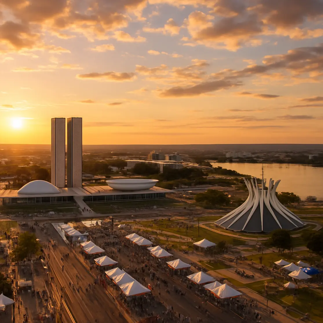 Vista panorâmica de Brasília ao pôr do sol com marcos como Congresso e Catedral, contexto do aniversário