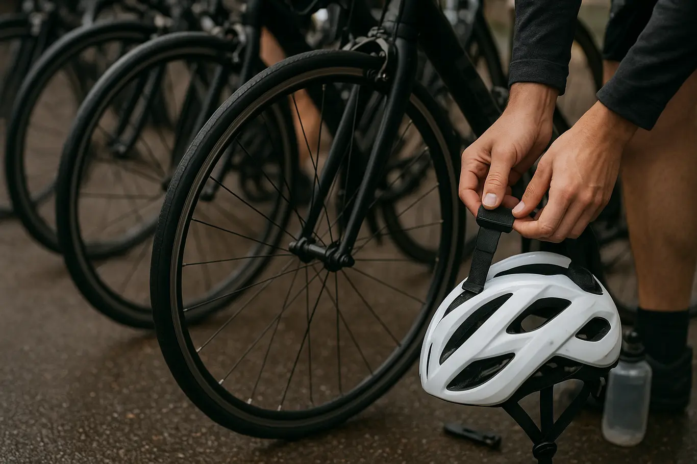 Detalhe de bicicletas e mãos ajustando equipamentos na área de transição