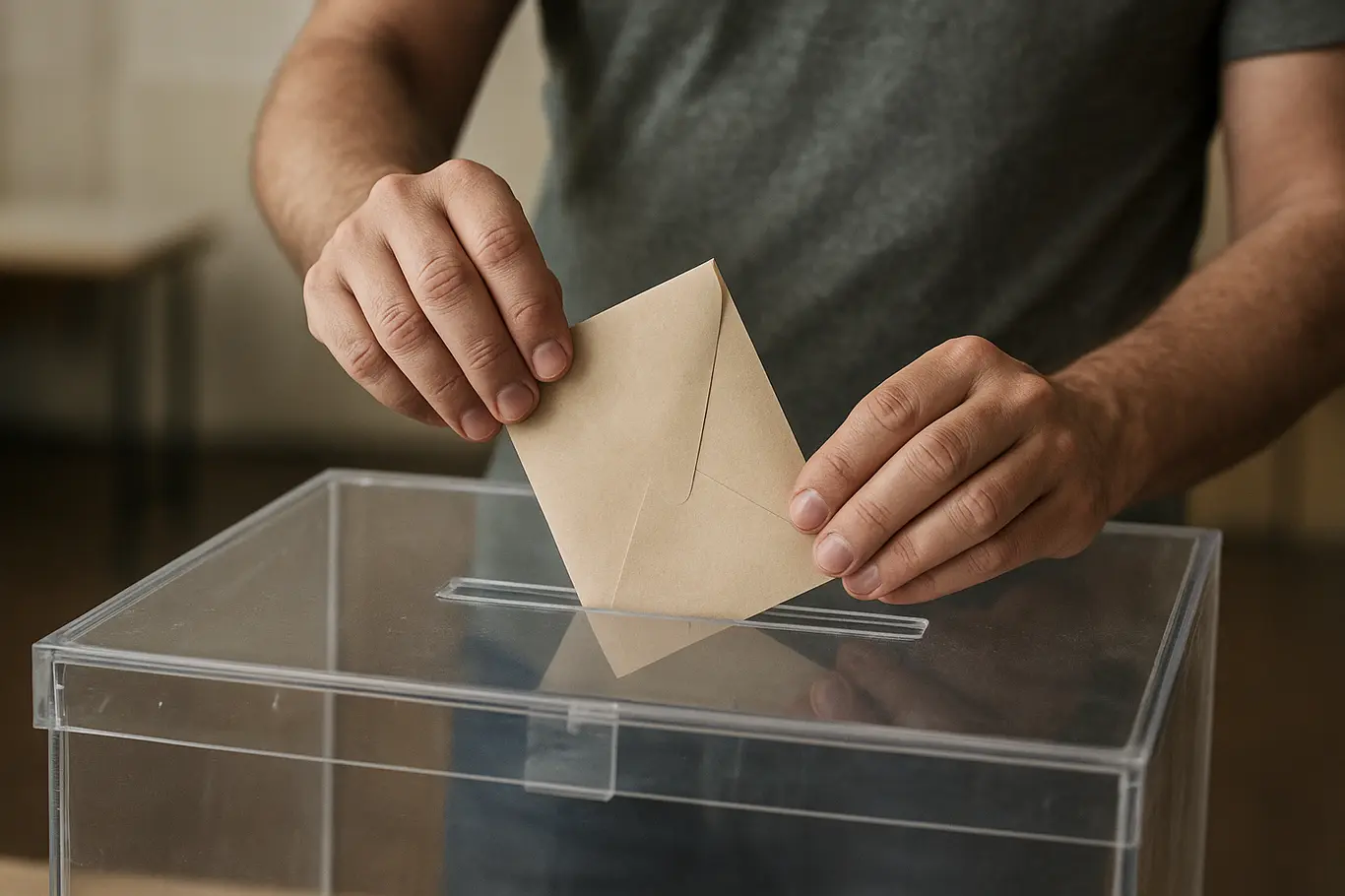 Detalhe das mãos depositando envelope em urna transparente, rosto fora de quadro
