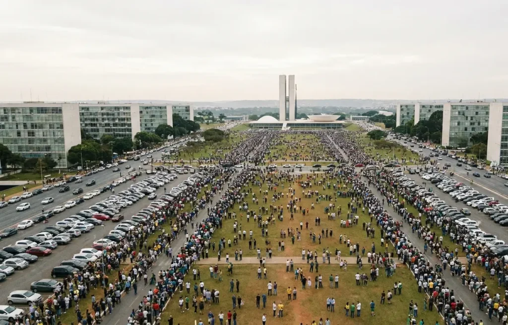 Esplanada dos Ministérios com filas de eleitores à distância, visão ampla