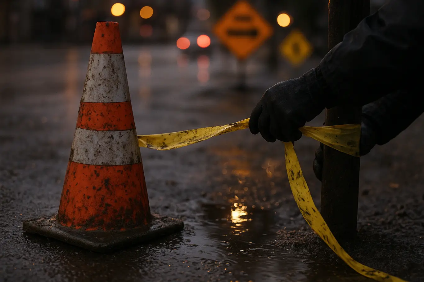 Close em cone refletivo e fita de isolamento com mão enluvada ajustando