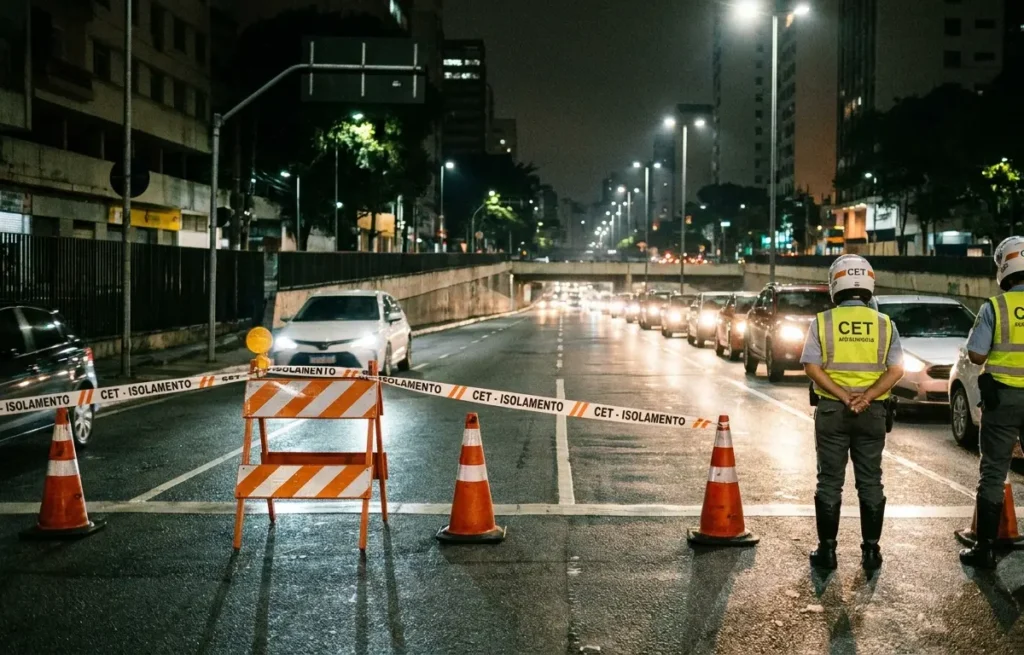 Rua interditada à noite com cones, barreiras e carros desviando