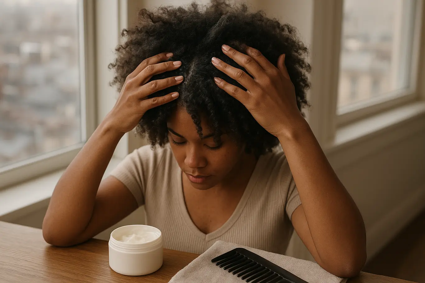 Pessoa ajustando cachos afro com creme modelador em frente a uma janela, rosto fora do quadro