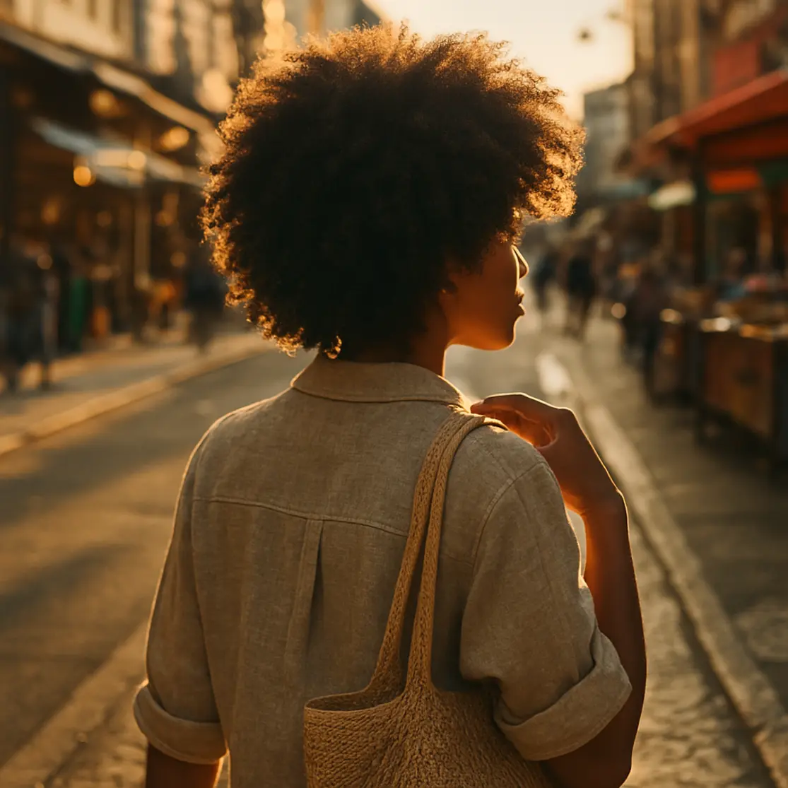 Pessoa caminhando por avenida brasileira com cabelo afro volumoso iluminado pelo fim de tarde, rosto fora do enquadramento