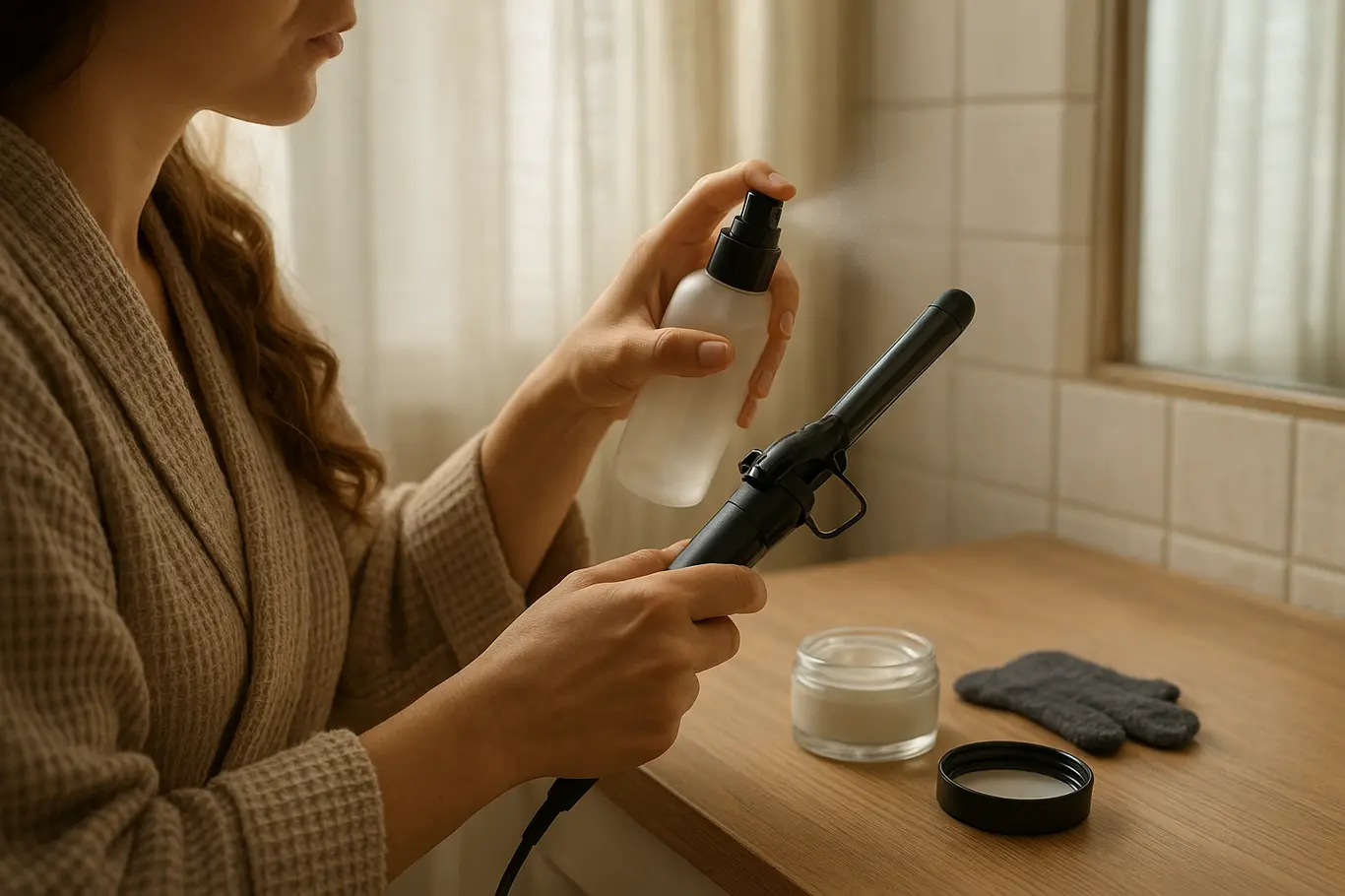 Rotina de styling em penteadeira com mãos segurando babyliss perto da janela