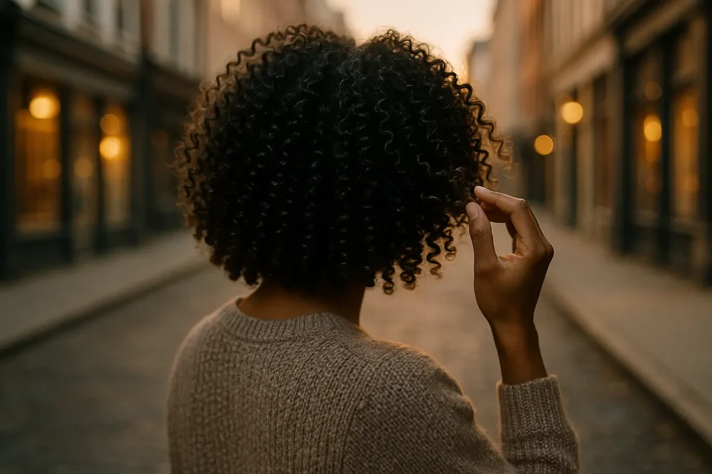 Cabelo cacheado: hidratação profunda sem ressecar os fios Mulher de cabelos cacheados brilhosos, vista dos ombros, rua urbana ao pôr do sol.