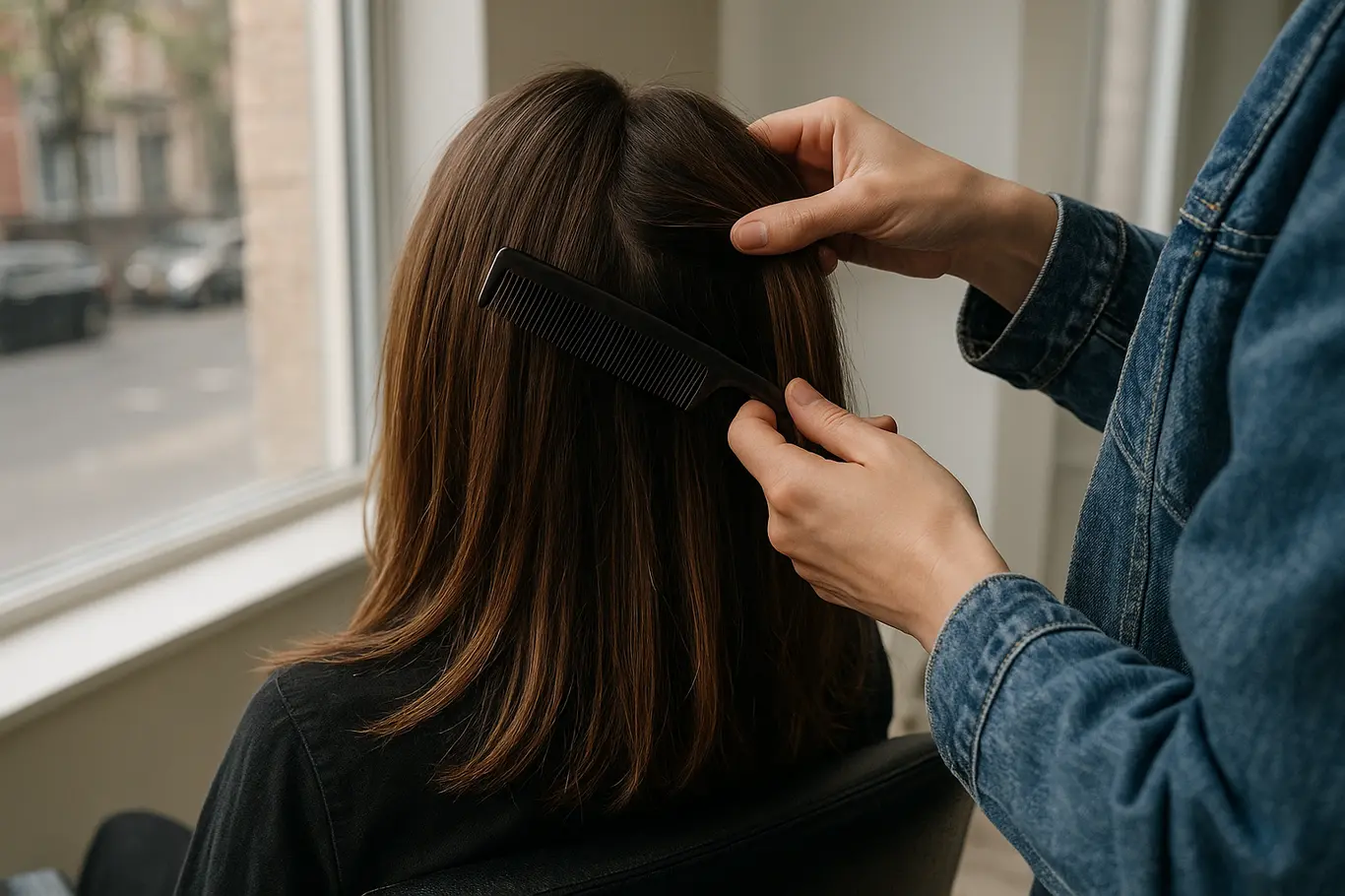 Mãos de um cabeleireiro separando mechas em cabelo castanho junto à janela do salão