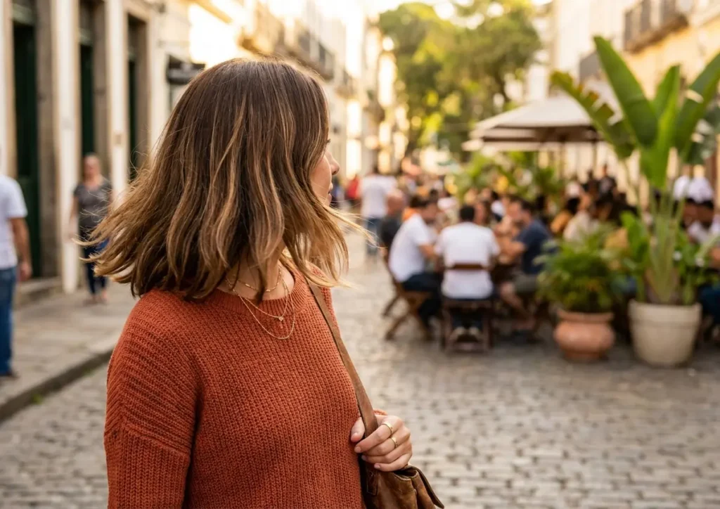 Pessoa de costas com cabelo castanho e mechas ao pôr do sol em rua urbana