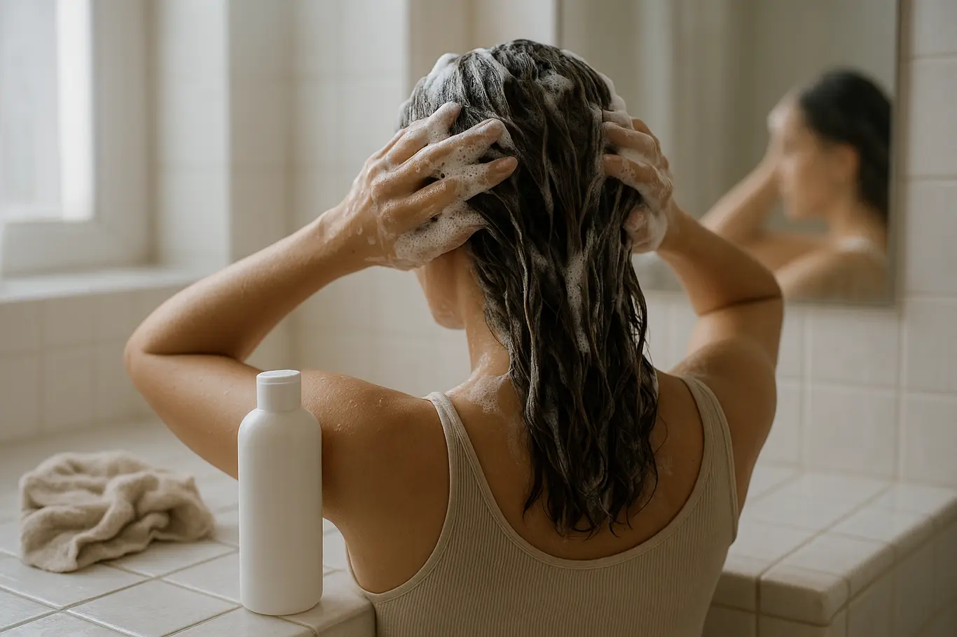Aplicação de shampoo em cabelo com keratina em banheiro iluminado por janela