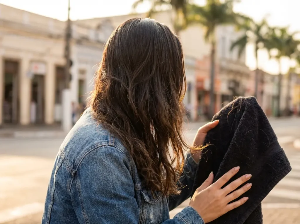 Mulher de costas mostrando cabelo com keratina brilhante e pontas com frizz em rua ao pôr do sol