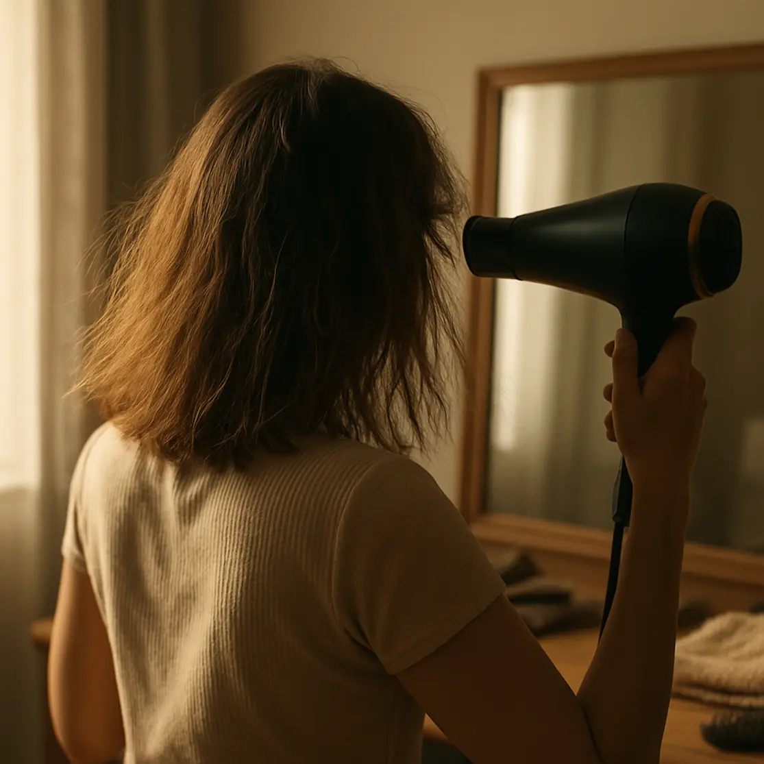 Pessoa secando cabelo com secador próximo causando frizz e perda do efeito de keratina